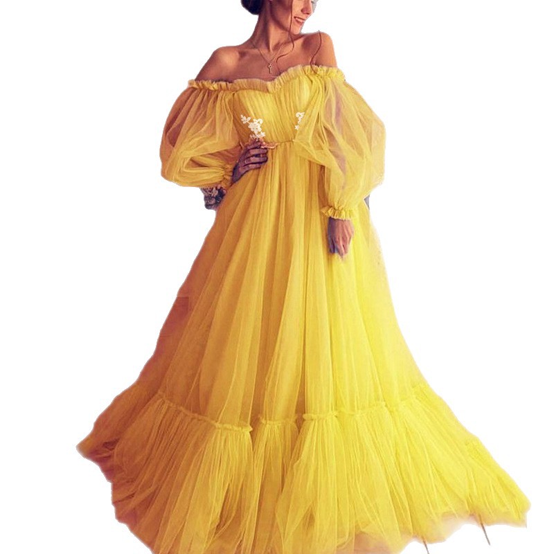 2025 nuevo estilo ropa de mujer de comercio exterior europea y americana vestido de novia largo de malla de un hombro vestido de swing grande nuevo estilo