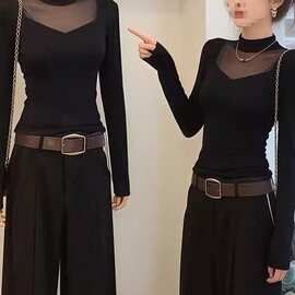 黑色半高领长袖T恤女2026春季大码拼接修身气质设计感打底衫上衣