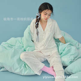 夏季新款月牙花花短袖长裤冰丝睡衣女 可外穿女士家居服套装批发