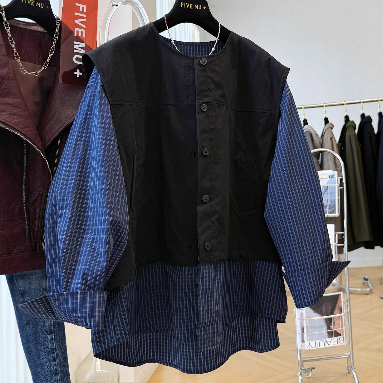 设计感慵懒风独特别致巨好看的马甲拼接格子衬衫外套女秋季上衣潮