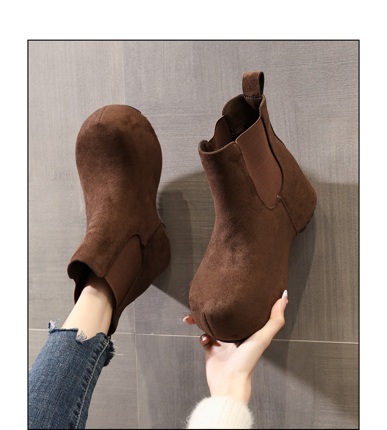 Boot Chelsea nữ cổ thun đế dày tăng chiều cao lót lông cừu mùa thu đông — Màu nâu chi tiết 11