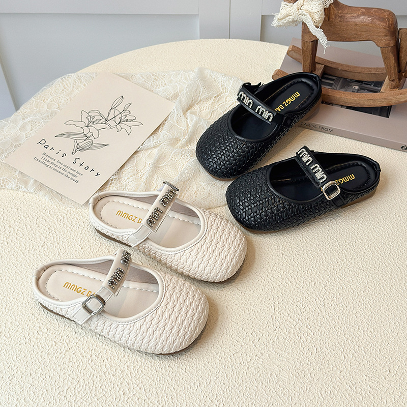 Girls Korean Style Small Fragrant Toe-Toe Outer Slippers 2025 Spring & Fall New Soft-Soled Braided Rhinestone Princess Shoes