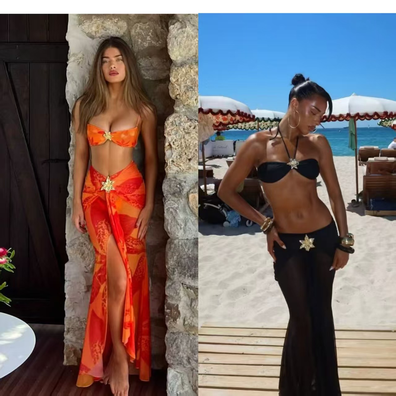 2025新款欧美比基尼三件套 金属饰品高级沙滩拍照抹胸鱼尾长纱裙