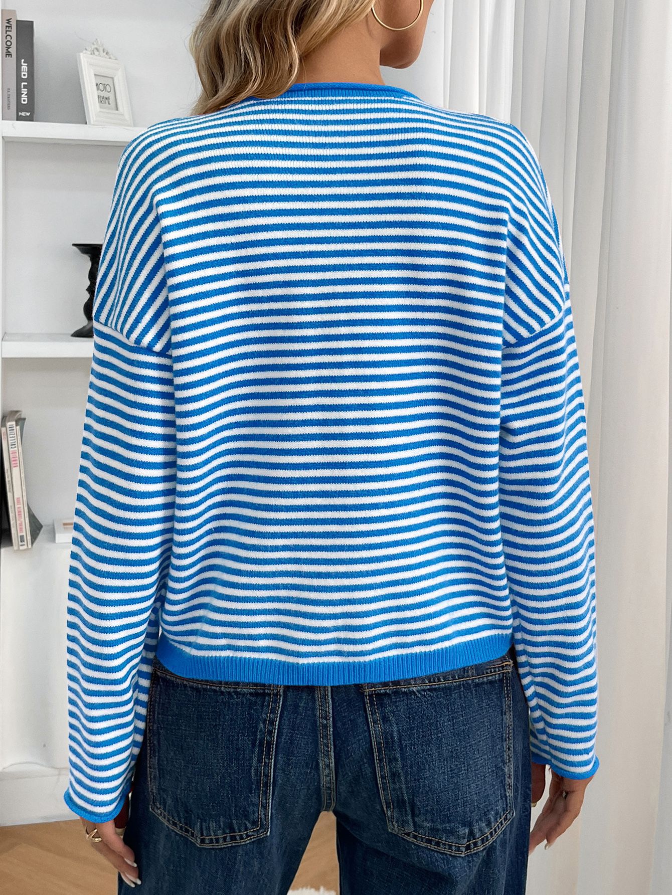 Women's Knit Striped Cardigan Casual Long Sleeve Round Neck Button Sweater Autumn Winter American Style Acrylic Polyester_ecoleips.com