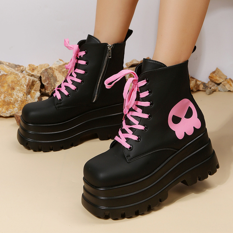 European and American Export Large Size Women's Shoes 2024 Autumn and Winter Boots Lace-Up Platform Thick-Soled Short Boots Round-Toe Fashionable Women's Boots