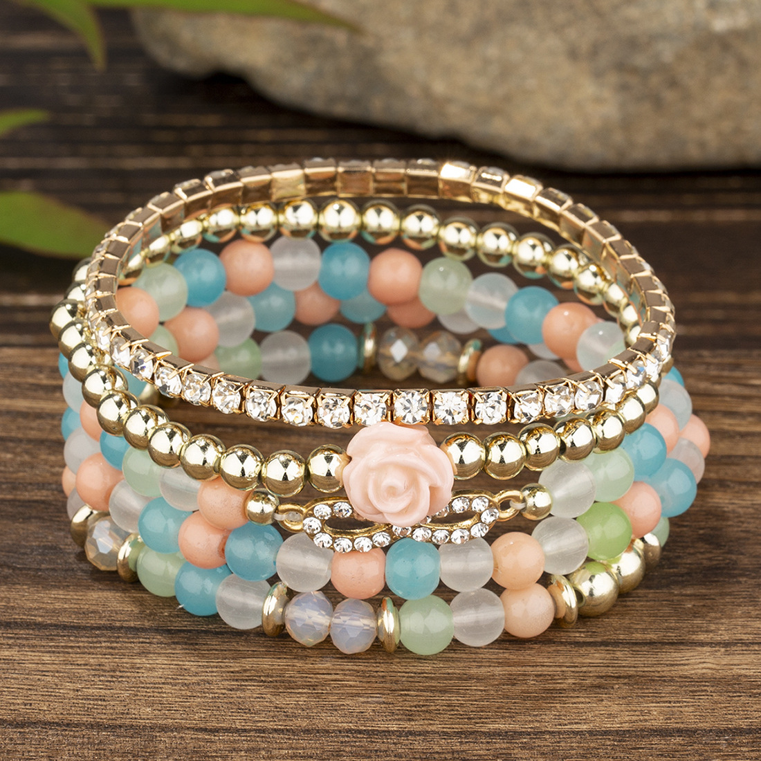 Amazon's Best-Selling Crystal Rose Rhinestone Multi-Layer Bracelet Set for Women, Bohemian Light Luxury Beaded Bracelet