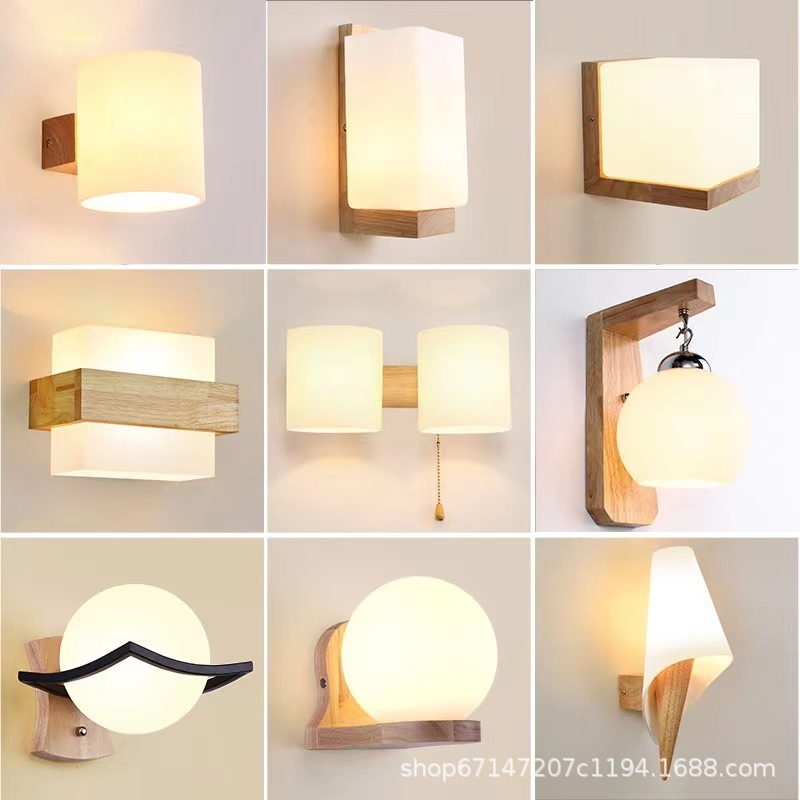 Lámpara de noche de dormitorio de madera de estilo japonés madera maciza creativa pastoral China lámpara de pared de hotel color madera sala de estar lámpara de pasillo