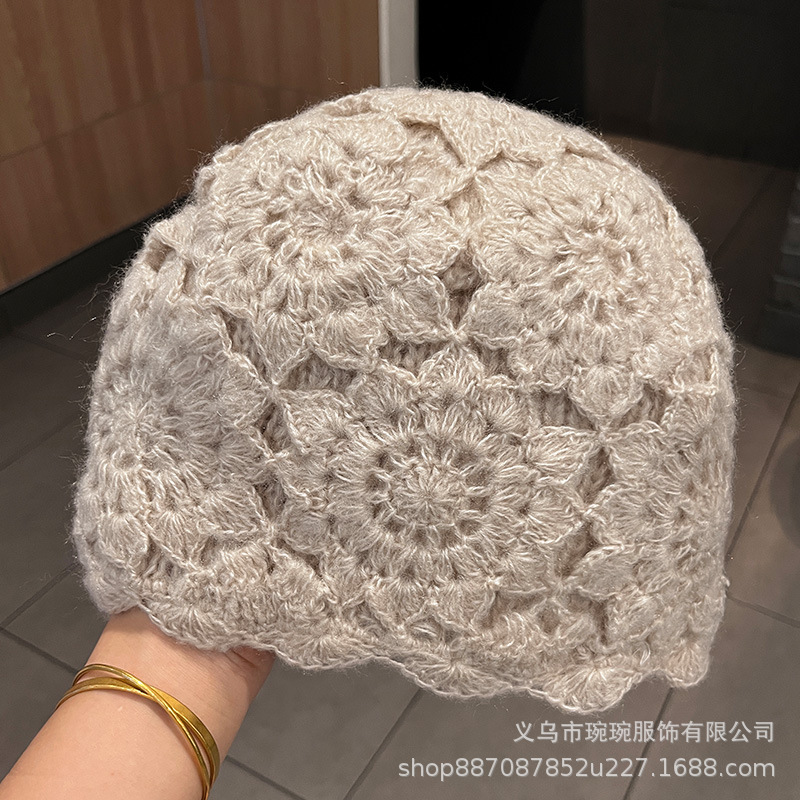 手工钩花双层加厚包头帽子女秋冬韩版百搭保暖针织时尚洋气毛线帽|undefined