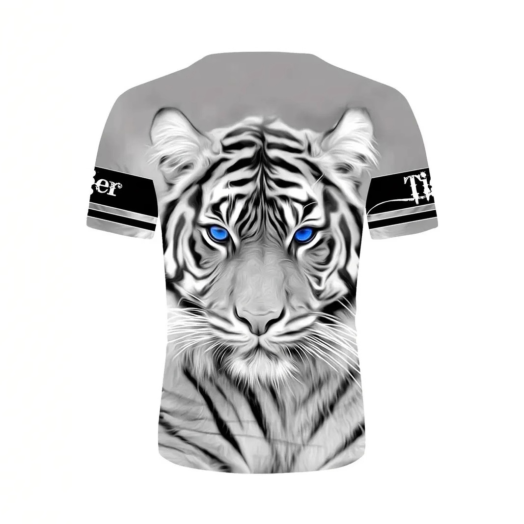 Venta caliente de la calle europea y americana tigre blanco estampado 3D hombre verano suelto transpirable hombro de manga corta cuello redondo camiseta en stock