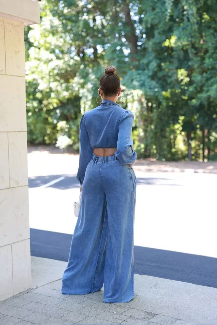 Damenbekleidung neuer lässiger Jeansanzug mit weitem Bein für Damen_voghion.com