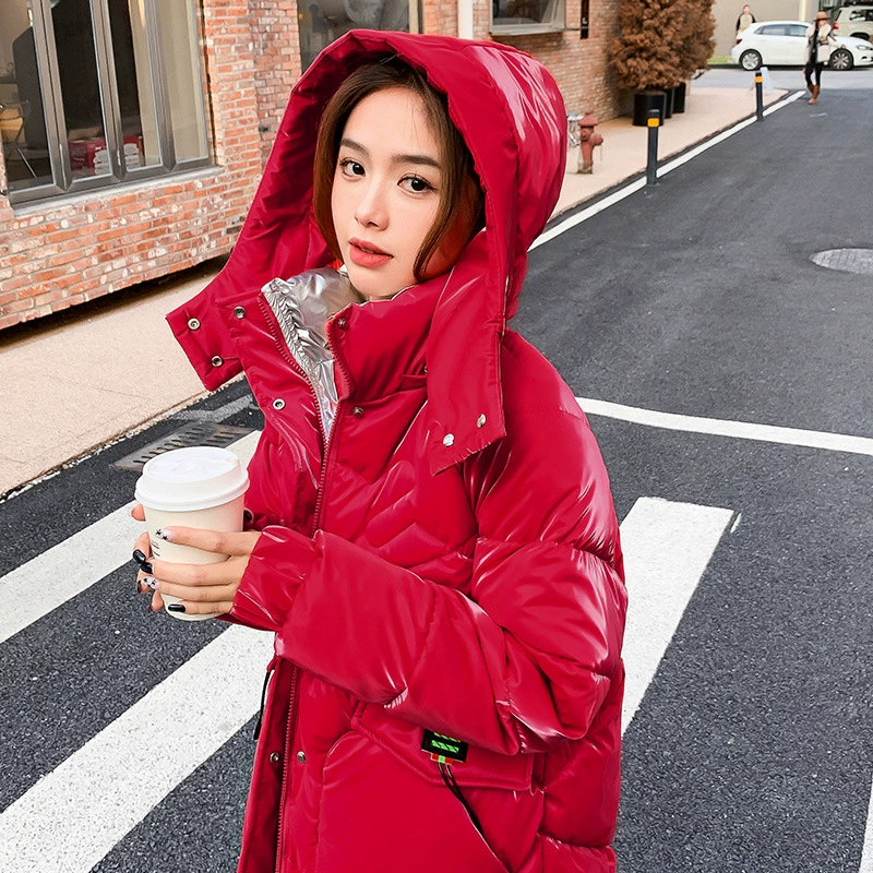 Long winter glossy fashionable down jacket with hood with down, mid-length, 2023, European style
