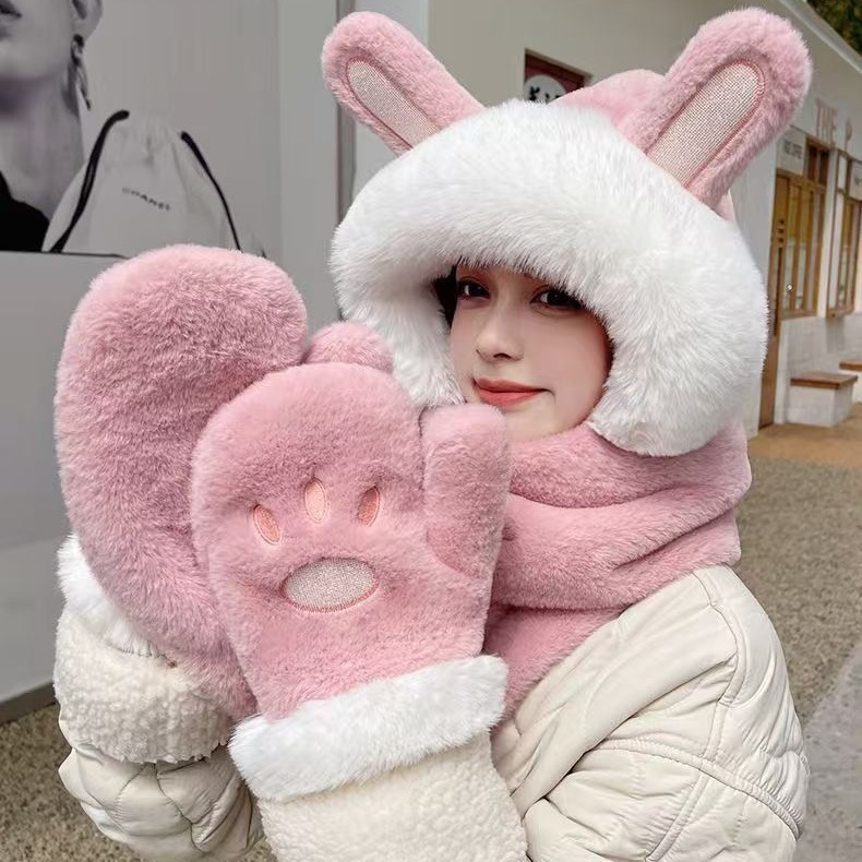 帽子のマフラーの手袋の一体のぬいぐるみの子供の秋冬のウサギの耳の熊の3セットの学生のかわいいマフラーの帽子|undefined