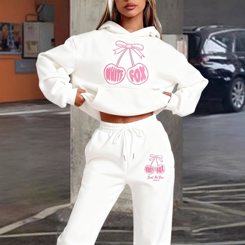 2025 Cross-Border Foreign Trade Sweatshirt and Sweatpants Set White Fox Letter Print Trendy Women's Long Pants Top Fleece Two-Piece