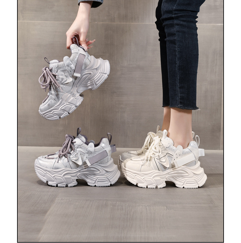 Giày sneaker nữ đế dày tăng chiều cao, lưới thoáng khí, phong cách thể thao — màu be chi tiết 17
