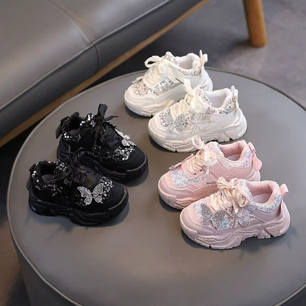 Girls' Sneakers Spring and Autumn New Shiny Sequin Rhinestone Butterfly Dad Shoes Sweet Versatile Dad Shoes Trendy