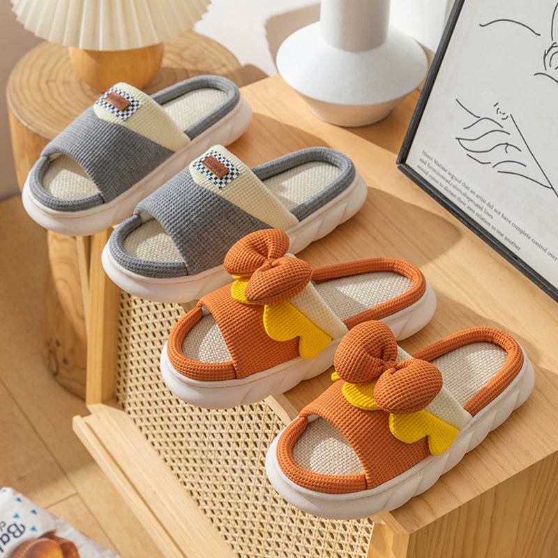 Льняные тапочки на толстой подошве с бантом, женские летние домашние тапочки из хлопка и льна контрастных цветов, мужские Нескользящие тапочки Four Seasons