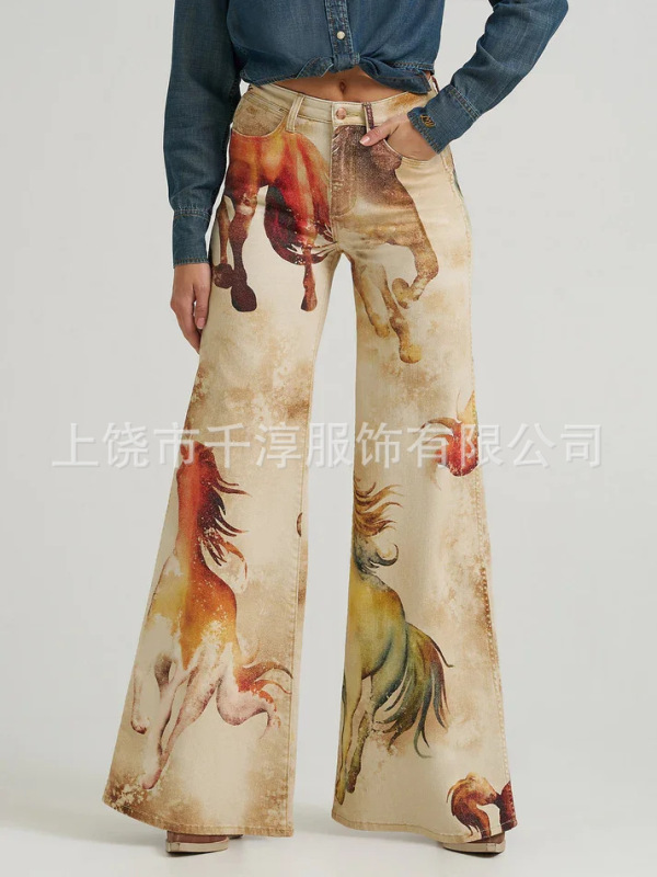 跨境欧美独立站爆款数码印花假牛仔女士阔腿裤 女士喇叭修身长裤|undefined