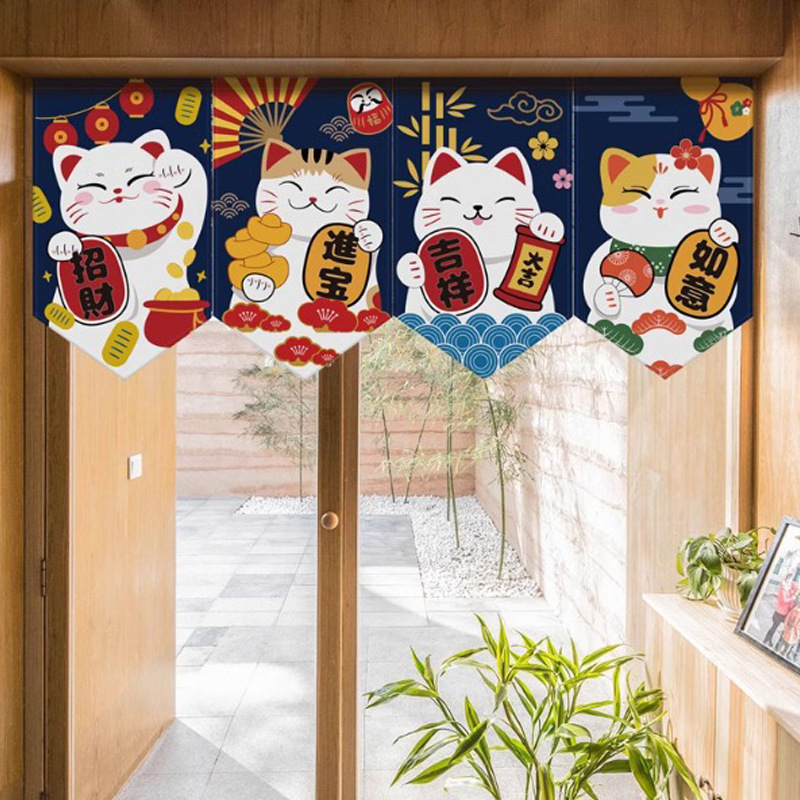 Japanese Lucky Cat Cartoon Kitchen Door Curtain Hanging Curtain Pennant Curtain Short Curtain Half Curtain Decorative Velcro Partition Curtain