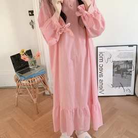 批发货源 韩版春装新款粉色格子宽松连衣裙睡裙