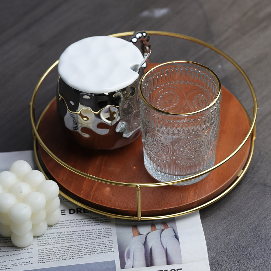 Soporte de almacenamiento de madera maciza de suministro directo de fábrica, estante de acabado de hierro, tanque de botella de condimento de escritorio, bandeja giratoria para cosméticos