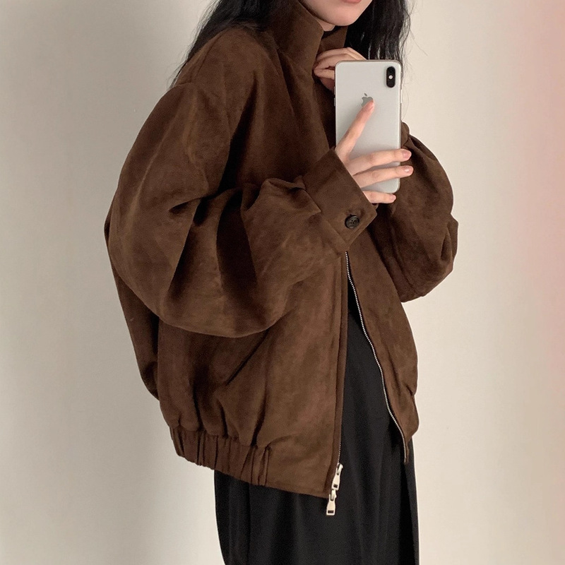 Maillard Wears Imitation Suede Jacket for Women in Spring & Fall Design Niche Short American Bomber Jacket Top Maillard Wears Imitation Suede Jacket for Women in Spring & Fall Design Niche Short American Bomber Jacket Top