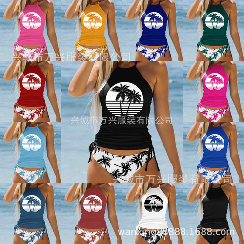 Women's European Coconut Tree Split Body Swimsuit, Beach Sexy Conservative B belly Covering Swimsuit