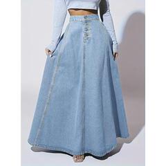 Elegant Washed Denim Skirt High Rise Button Fly A line Maxi