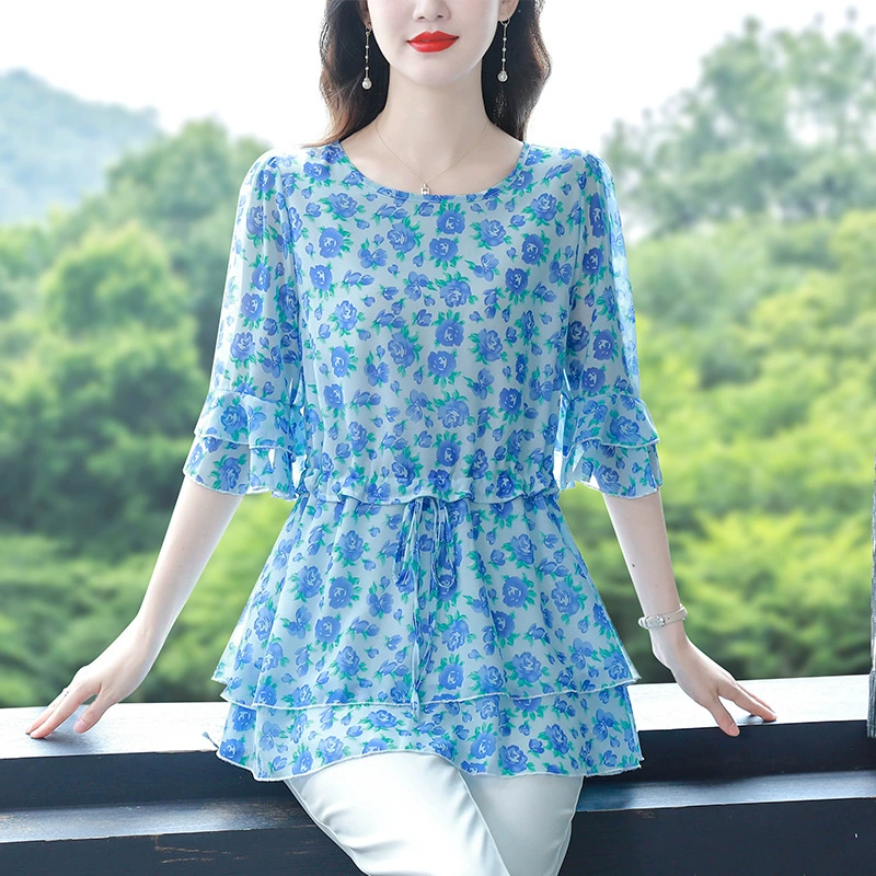Прямые продажи фабрики 2024 летний новый средний размер плюс размер тонкий, тонкая талия, юбка с принтом шифоновые топы