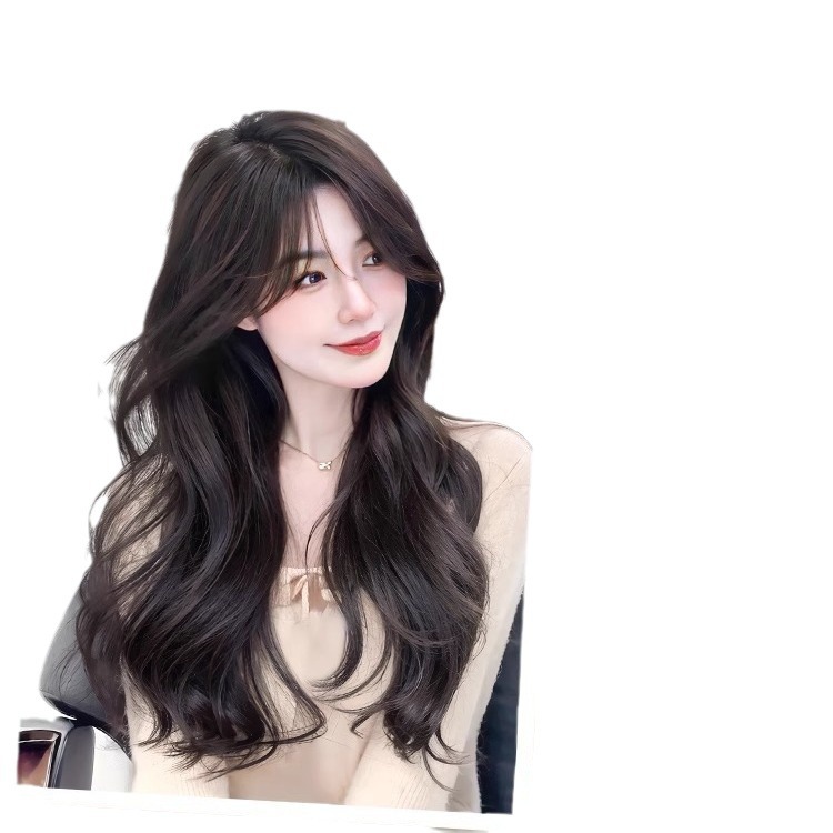 Peruca de cabelo sintético longo ondulado para mulheres – aparência natural, parte intermediária, cabeça inteira, estilo realista
