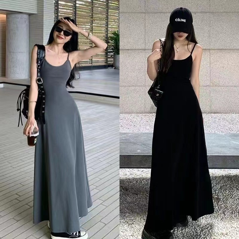 Spice Girls Solid Color High Waist Sling dress Women's Summer New Tight Waist Slimming Shoulder Inner Base Over-the-Knee Long Dress