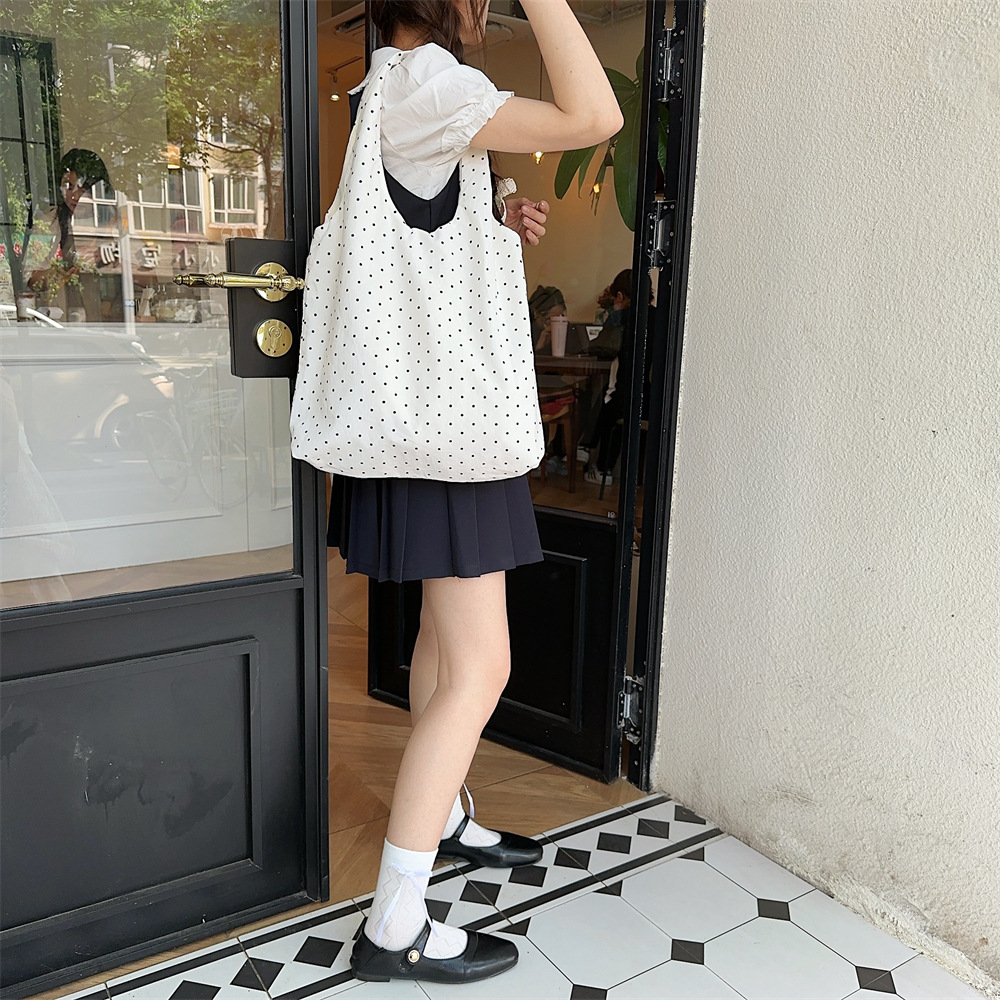 90g Weight Poplin Lining Material 19695304699 Fashion Element Open Closure Type Double Shoulder Straps Strap Type Tote Bag Bags Type Travel, Daily Occasion Canvas Material Round Dots Pattern All Seasons, Spring&Summer Season Women's Gender Streetwear Style Square Shape Medium Size 45262 New Polka Dot Canvas Bag Women's Large Capacity Bag College Students Class Canvas Bag Special-Interest Shoulder Bag 28