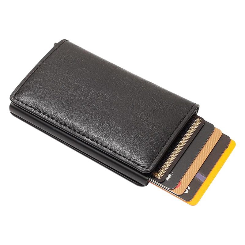 Titular de la tarjeta de fibra de carbono AliExpress antirrobo cepillo RFID Tarjeta de bala automática de aleación de aluminio PU titular de la tarjeta de la cartera