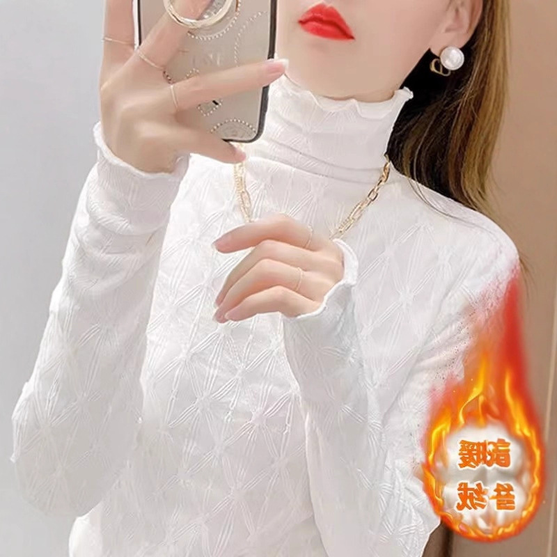 Lace Bottoming Shirt for Women in Winter, Thickeneded and Warm, High-Necked, Fashionable and Stylish Long-Sleeved Mesh White Velvet Top