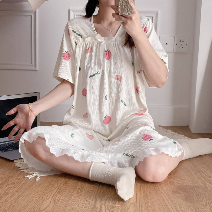 2024 pijamas de verano de encaje de algodón pijamas de cascada dibujos animados de manga corta ropa para el hogar media y larga adorable dulce al por mayor