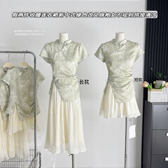 楊大巻国風偽二枚腰ワンピース新中国式グリーン改良チャイナドレス女性不規則なつなぎ合わせ清冷