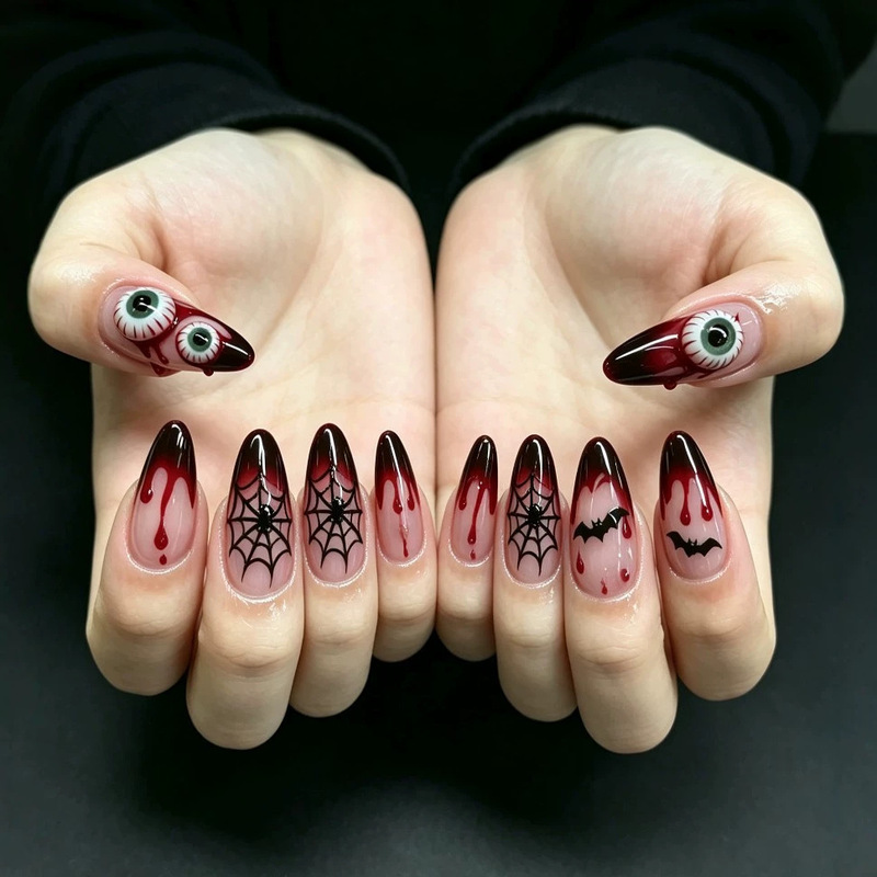 Medium-sized glossy water drop nails with dark blood drops, French pointed spider web, bat, spider, sparkling rhinestones, Halloween press-on nails with eyes Medium-sized glossy water drop nails with dark blood drops, French pointed spider web, bat, spider, sparkling rhinestones, Halloween press-on nails with eyes
