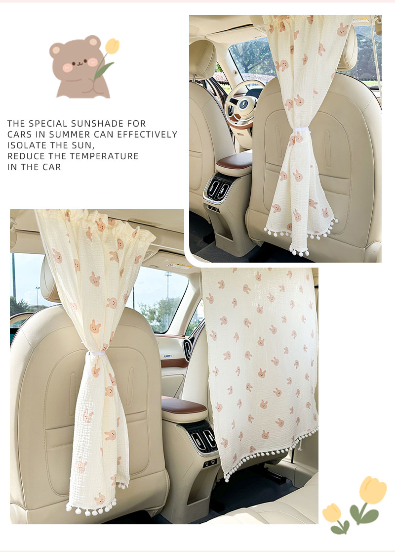 Carto Bear Rabbit Car Partition Curtain Sunscreen Heat Insulation Car Sunshade Curtain Double-Layer Cotton Yarn Comfortable Breathable Car Curtain