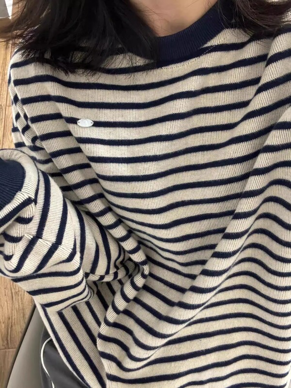 美式复古条纹毛衣圆领针织衫无帽卫衣女2025秋冬新款宽松慵懒上衣|undefined