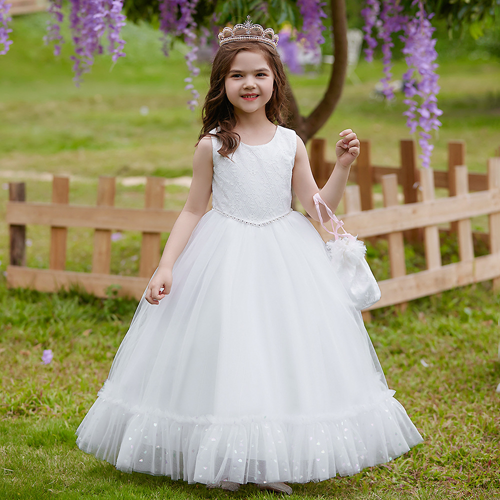 Vestido de niña de Amazon Vestido de princesa Vestido de malla blanca para niños grandes Vestido de noche bordado estilo occidental para niños