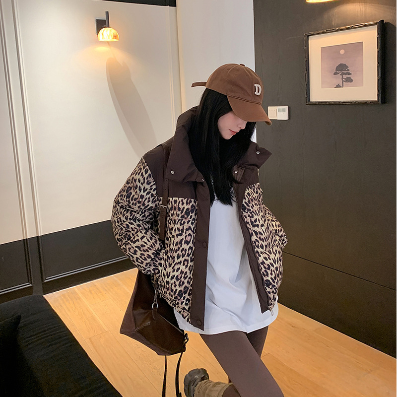 外贸2025秋冬新款欧美豹纹色棉服外套女加厚短款连帽夹克羽绒棉衣|undefined