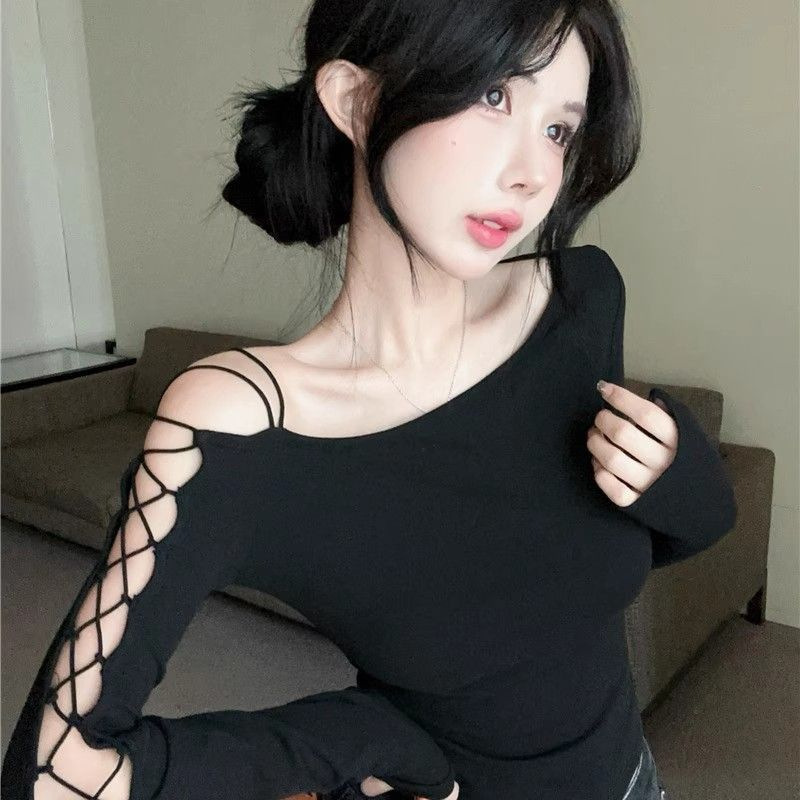 American-style design oblique off-shoulder lace-up crafted long-sleeve T-shirt female early autumn hot girl unique chic slim slim top