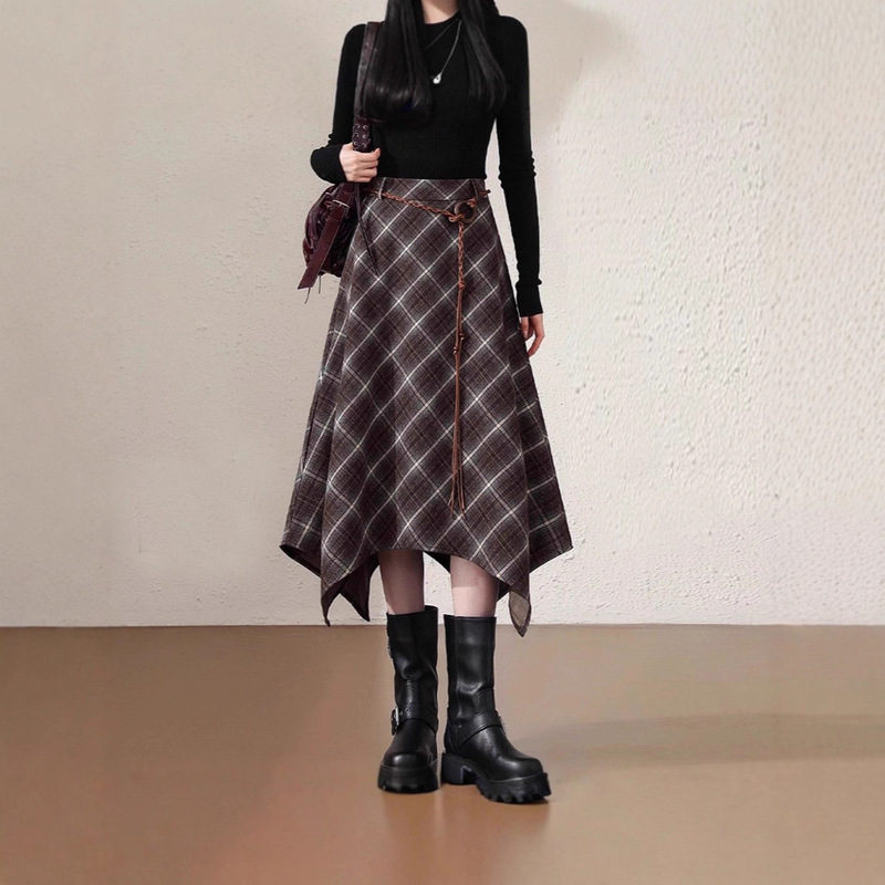 Woolen Skirt Women's Autumn and Winter New High-Waisted Fashion Retro Mid-Length A-Line Asymmetrical Plaid Umbrella Skirt