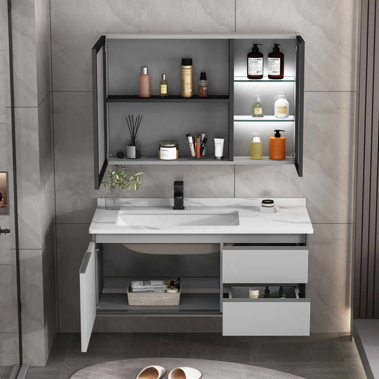 Moderno minimalista espacio de aluminio baño lavabo gabinete combinación lavabo del baño Placa de roca lavabo inteligente espejo del baño gabinete