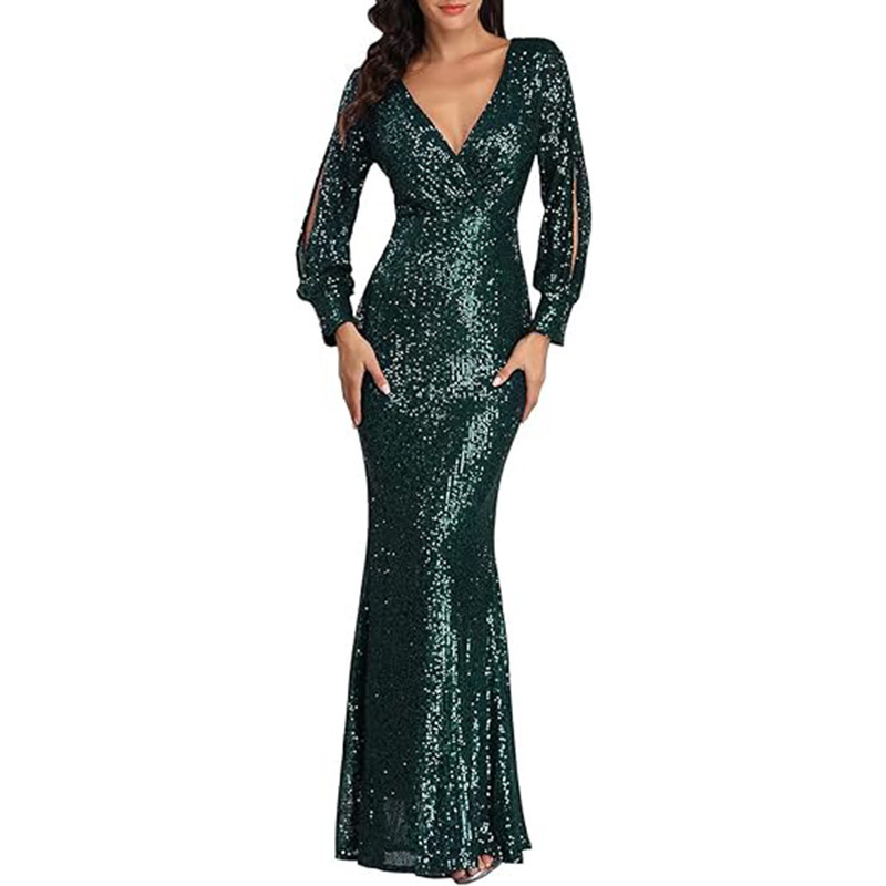 European and American Long-Sleeved Fishtail Dress 2026 New Sequin Dress Multi-Color Plus Size V-Neck Sequin Cross-Border Evening Dress