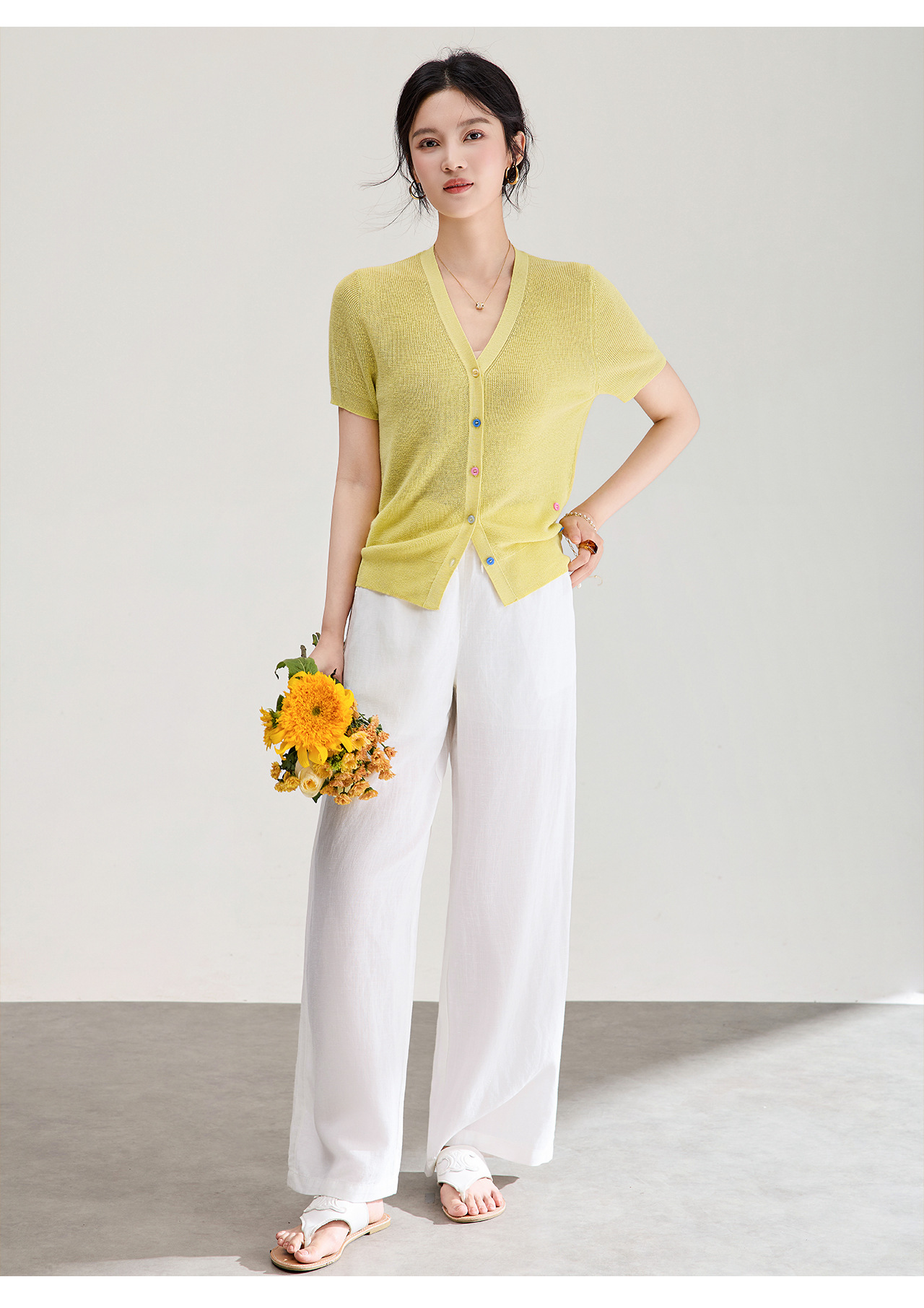 Áo cardigan nữ cổ V dệt kim sợi lanh siêu mịn, cúc màu, thoáng mát mùa hè — xanh lam chi tiết 20