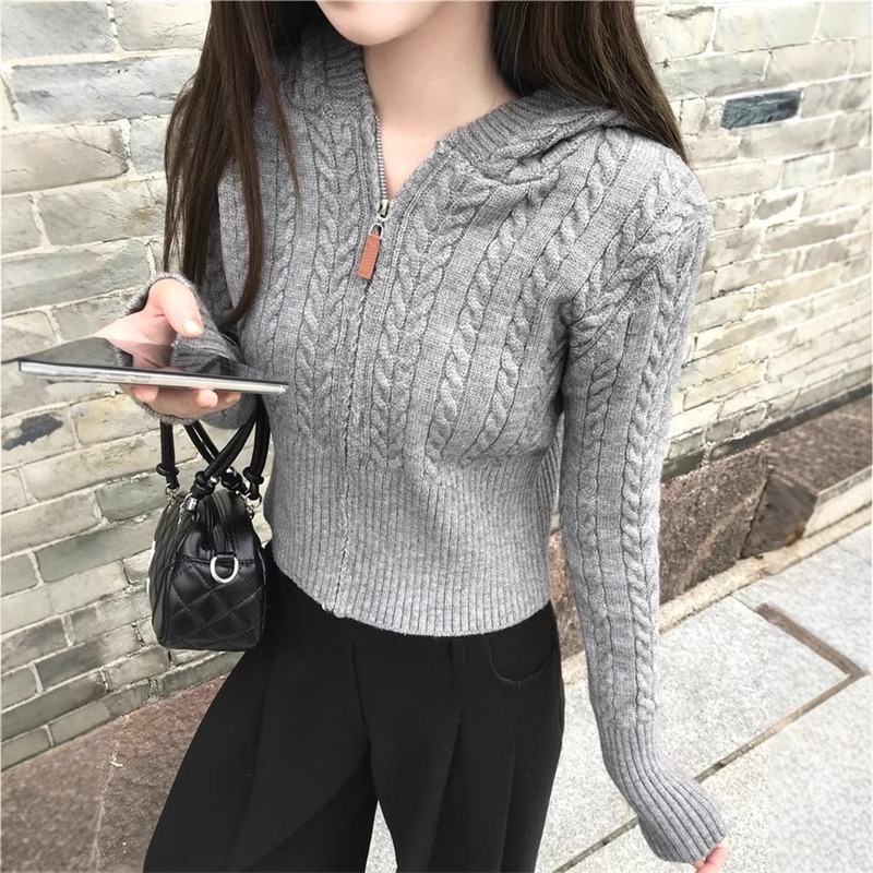 Gentle Elegant, Gentle Zipper Twist Long-Sleeved Sweater Jacket for Women, Autum Slimming Look Short Knitted Cardigan Top