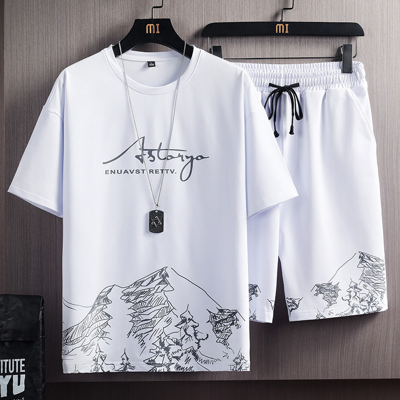 Short-Sleeved T-Shirt Suit for Men in Summer New Snow Mountain Print Fashion Trendy Korean Style Slim Large Size Sports Two-Piece Set