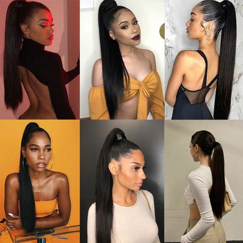 Cross-border wig ponytail for women strapped straight hair long ponytail high temperature silk strapped ponytail 45-80CM