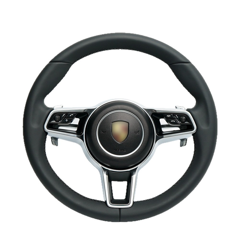 Porsche Modified Steering Wheel Assembly for Porsche Cayenne Panamera 911 Cayman 718 Boxster (Steering wheel) - black-full-leather-silver-frame-assembly