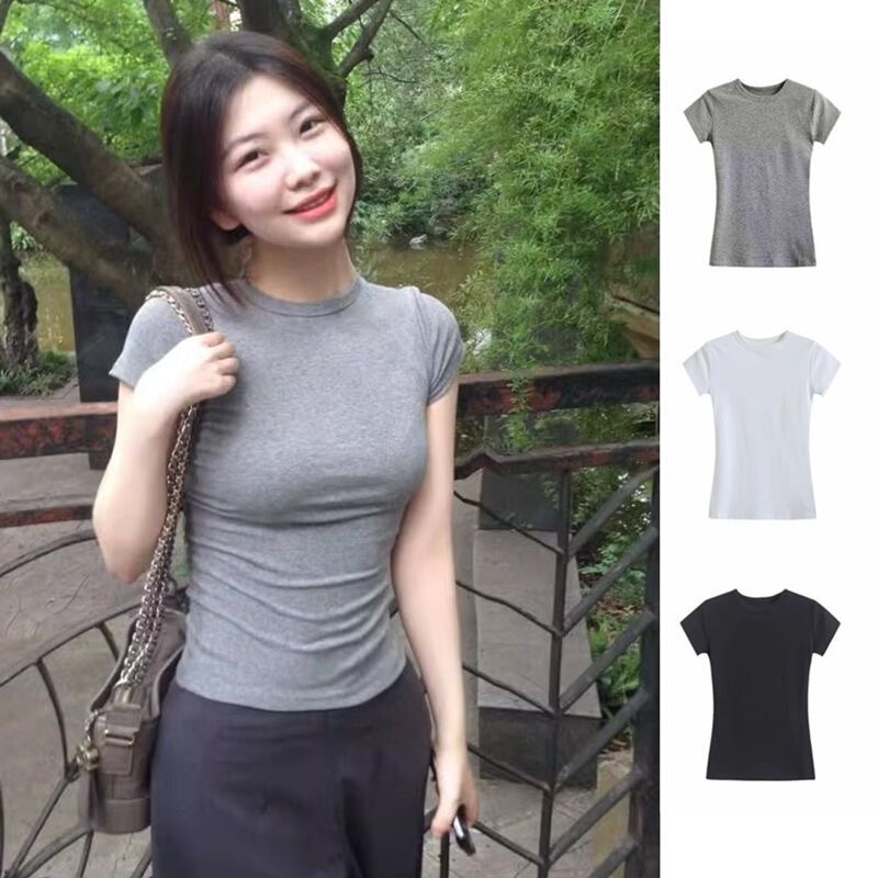 短款正肩短袖T恤女夏季低圆领辣妹修身显瘦百搭纯色小众ins上衣潮|undefined